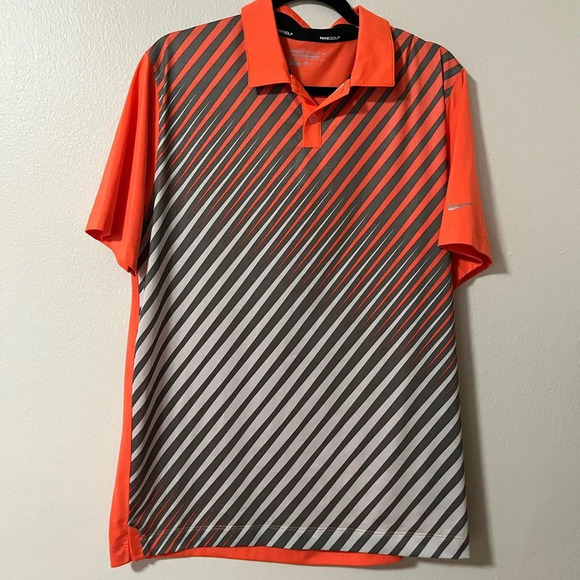 Nike Golf Dri-Fit Tour Polo Size Medium Bright Orange Gray stripe loose wicking - Picture 1 of 6
